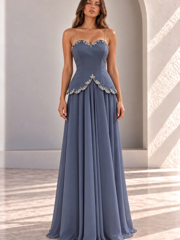Blue Strapless Evening Gown with Beaded Peplum, front view