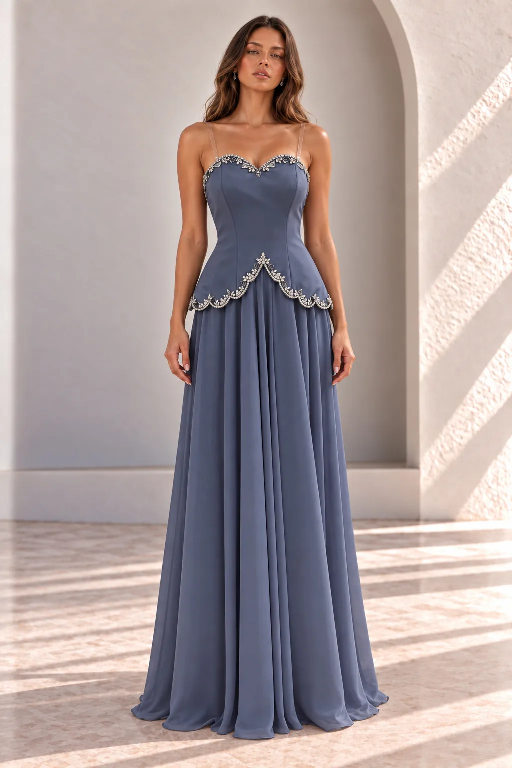 Blue Strapless Evening Gown with Beaded Peplum, front view