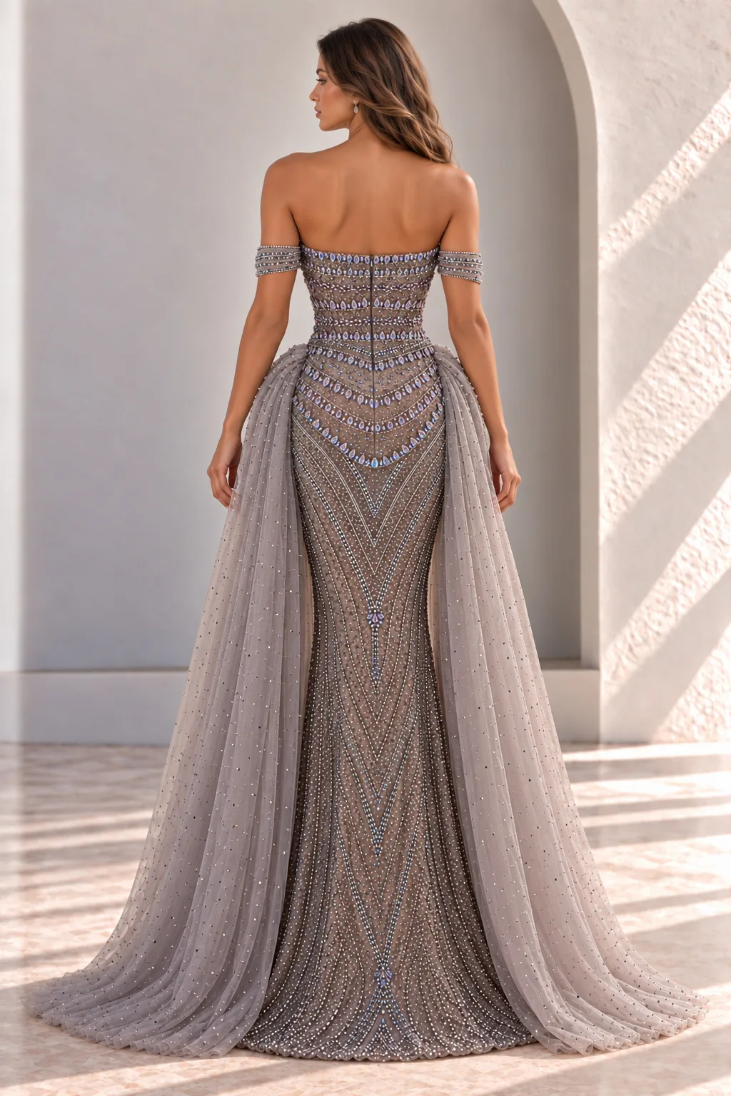 Grey Crystal Beaded Gala Gown with Tulle Overskirt, back view