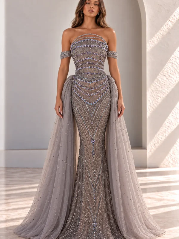 Grey Crystal Beaded Gala Gown with Tulle Overskirt, front view