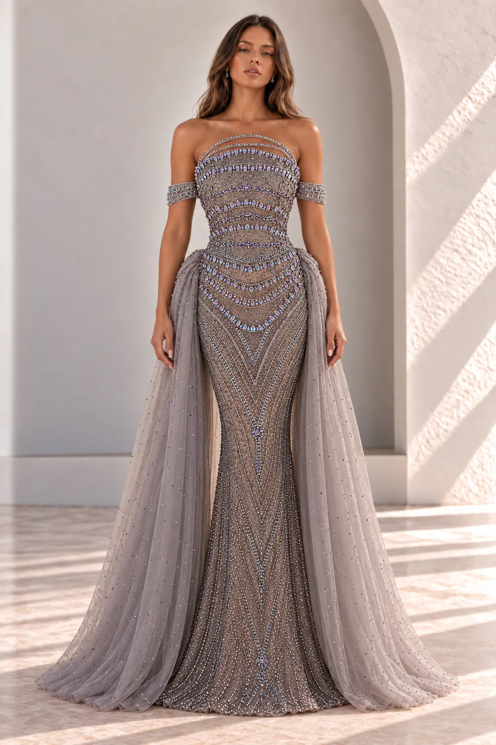 Grey Crystal Beaded Gala Gown with Tulle Overskirt, front view