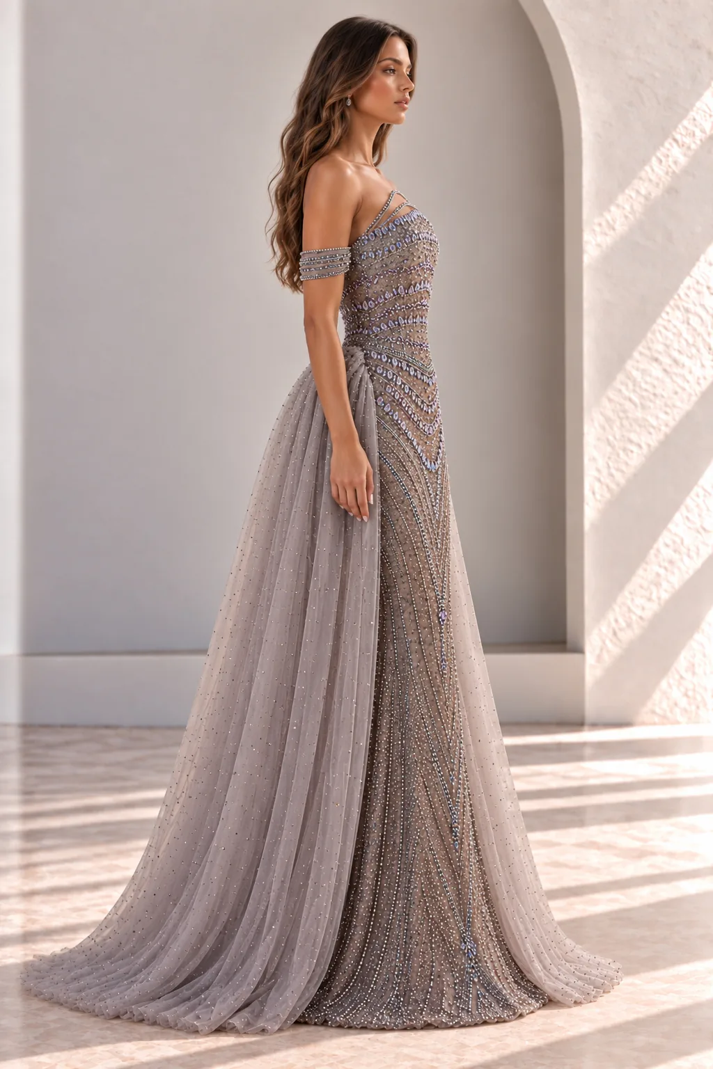 Grey Crystal Beaded Gala Gown with Tulle Overskirt, side view