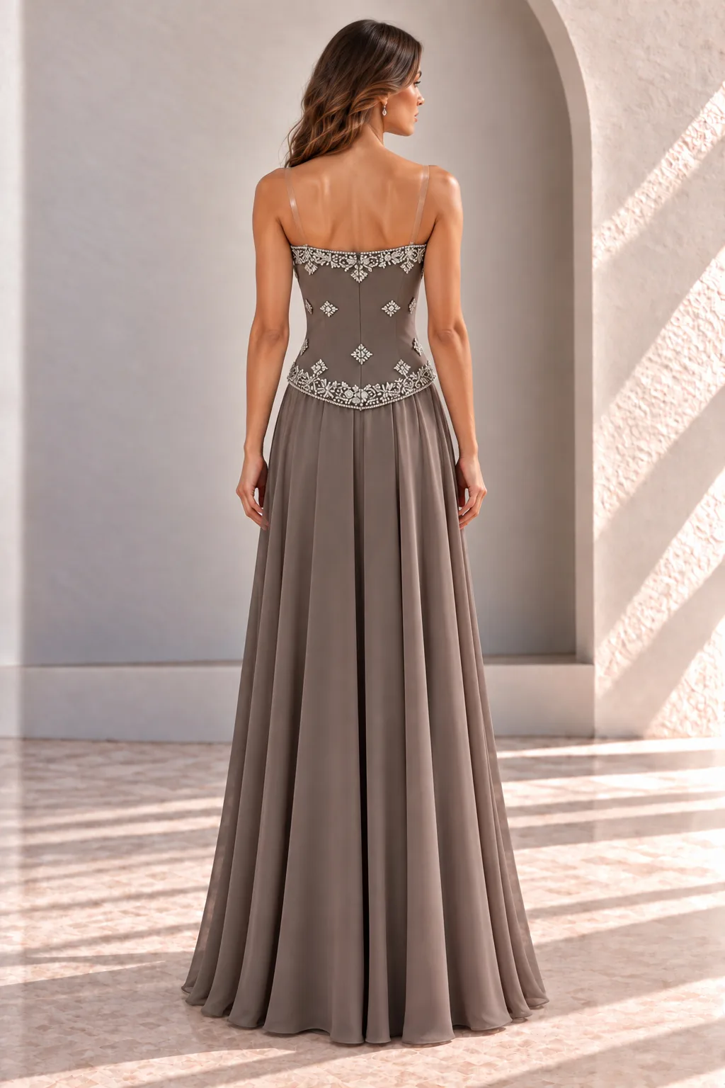 Taupe Grey Wedding Guest Gown with Crystal Bodice, back view