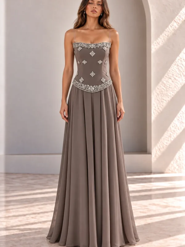 Taupe Grey Wedding Guest Gown with Crystal Bodice, front view
