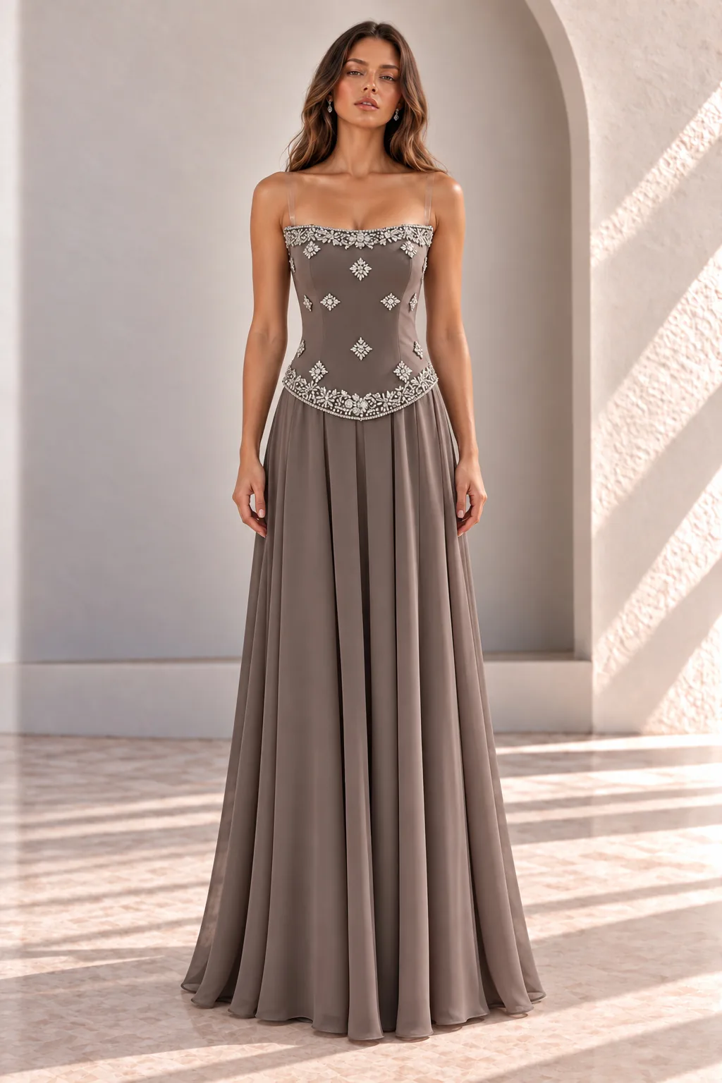 Taupe Grey Wedding Guest Gown with Crystal Bodice, front view