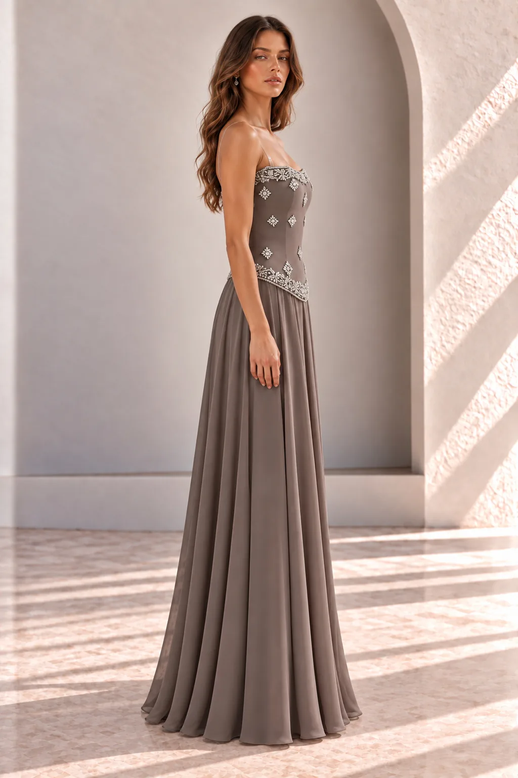 Taupe Grey Wedding Guest Gown with Crystal Bodice, side view
