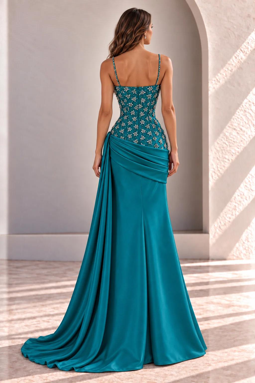 Teal Evening Gown with Beaded Corset and Draped Skirt, back view