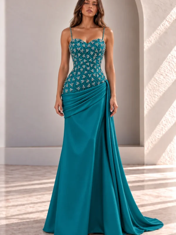 Teal Evening Gown with Beaded Corset and Draped Skirt, front view