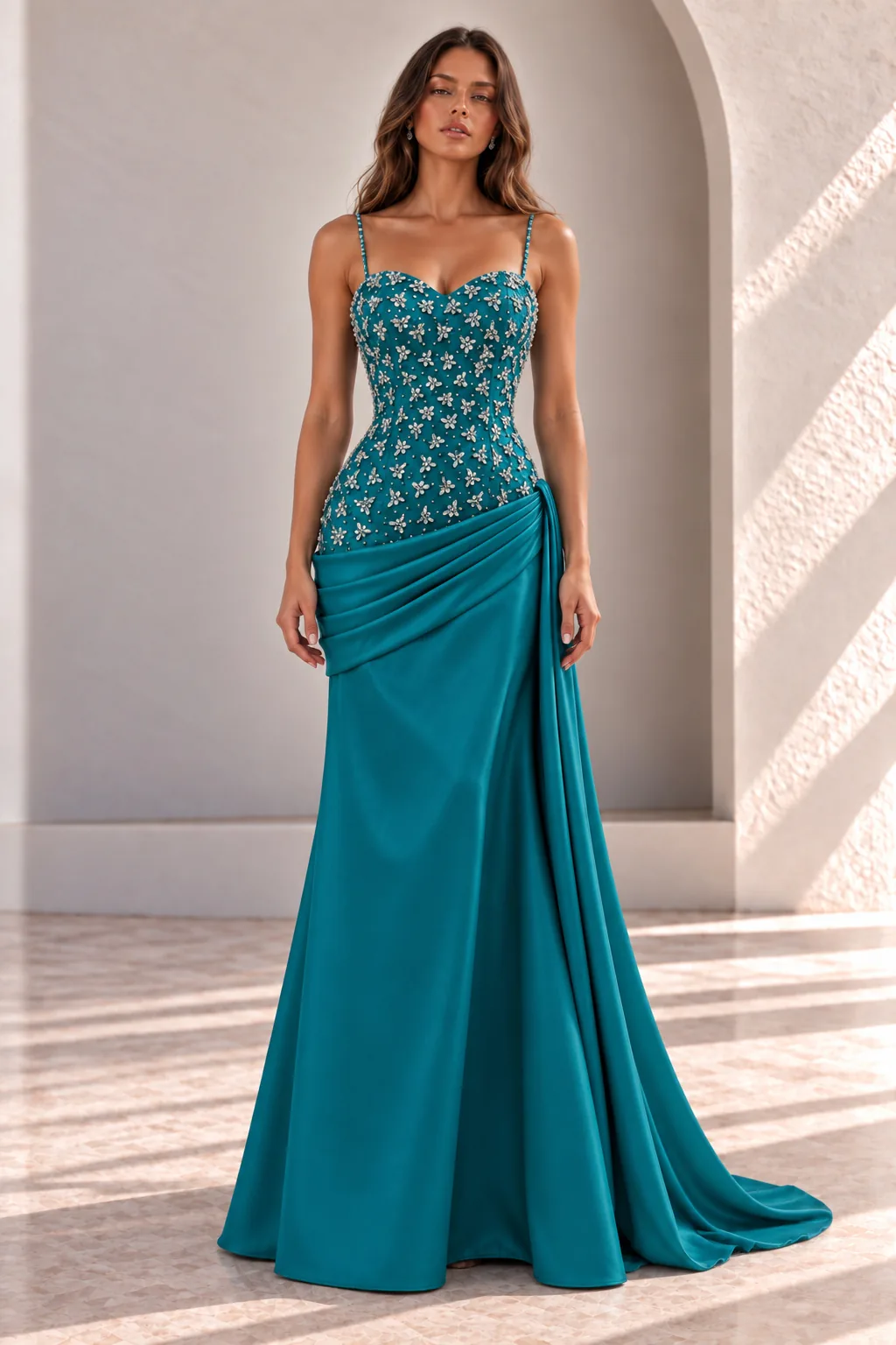 Teal Evening Gown with Beaded Corset and Draped Skirt, front view