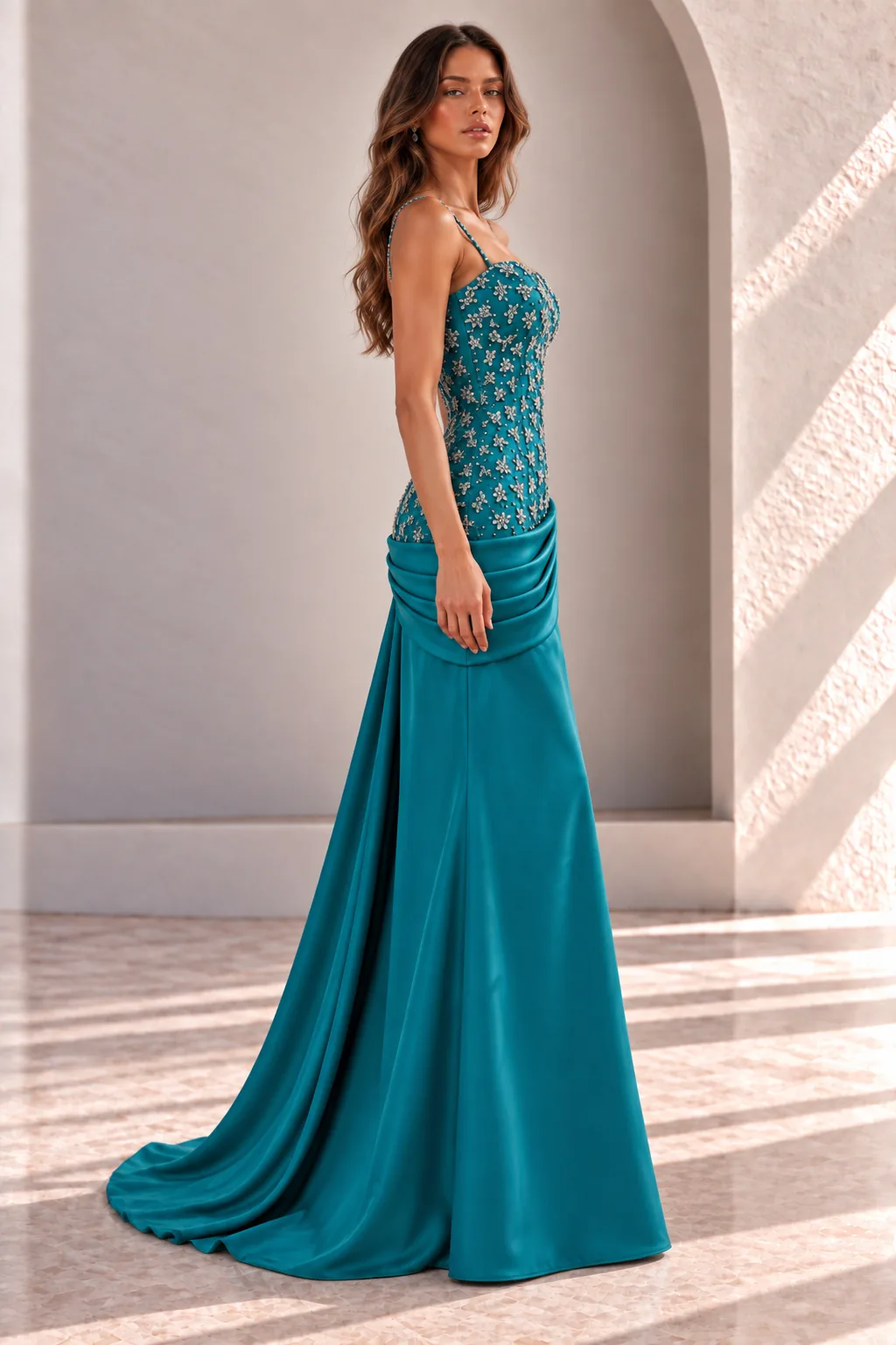 Teal Evening Gown with Beaded Corset and Draped Skirt, side view