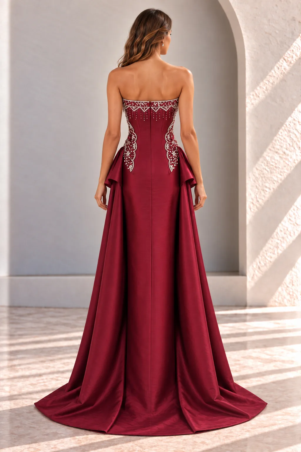 Wine Red Satin Evening Gown with Beaded Corset, back view