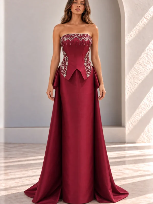 Wine Red Satin Evening Gown with Beaded Corset, front view