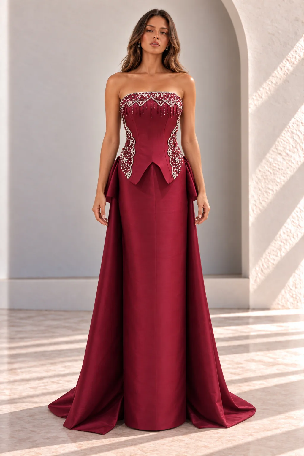 Wine Red Satin Evening Gown with Beaded Corset, front view