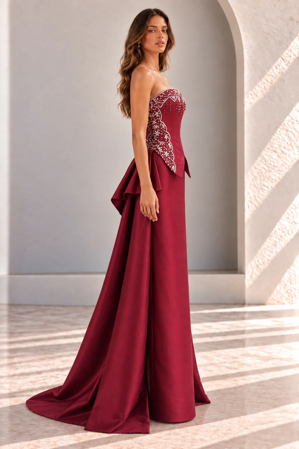 Wine Red Satin Evening Gown with Beaded Corset, side view